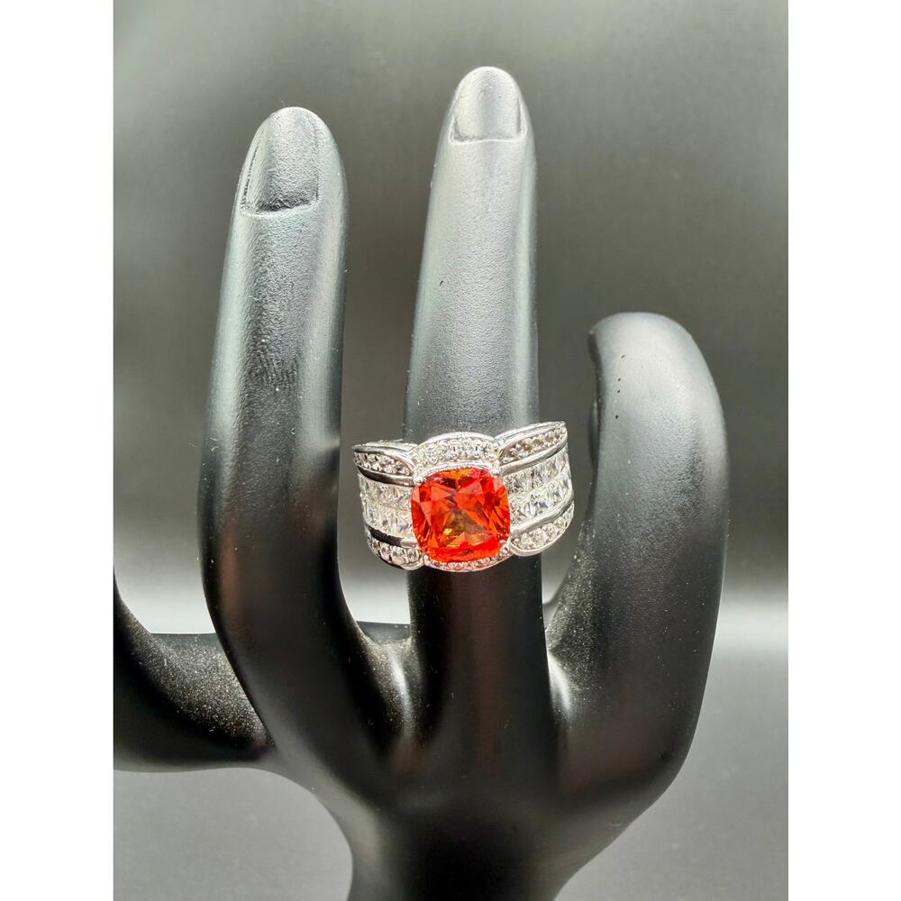 Sterling Silver Cushion-Cut Orange CZ Statement Ring – Size 5